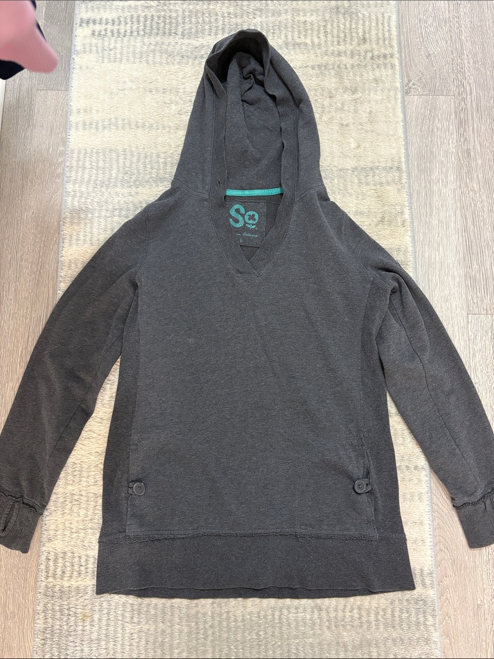 SO Women's V-Neck Hooded Sweater in Charcoal